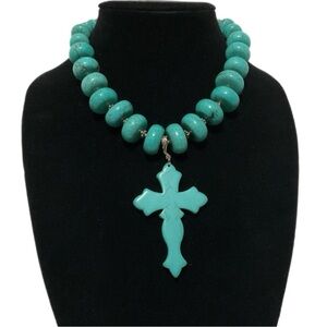 Faux Turquoise Bead Necklace with Cross Pendant